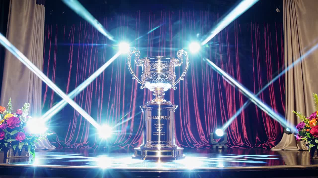 Low-angle shot of a trophy on stage with dramatic lighting and red curtains, creating a cinematic