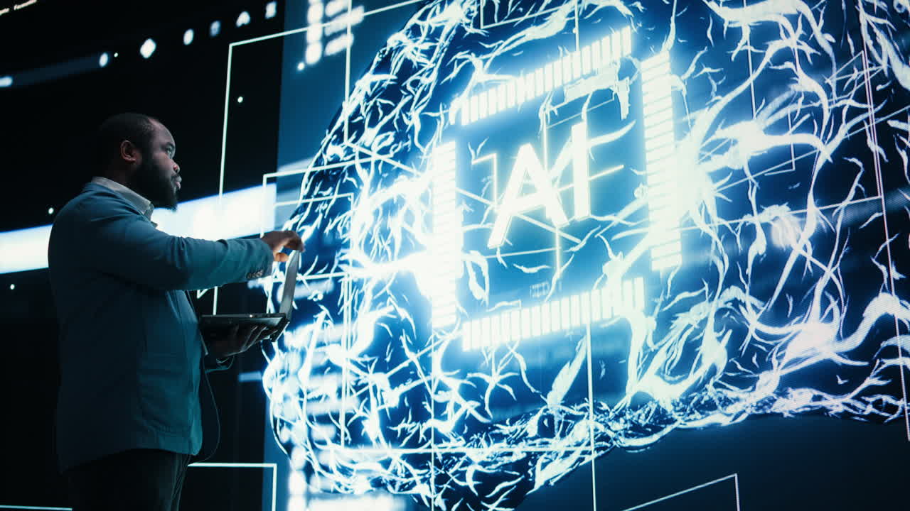 Man Interacting with AI Brain Concept on Large Digital Screen