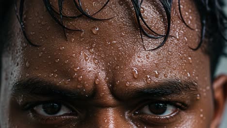 intense close-up of a man's face with water drops, capturing emotion and raw texture in a detailed expression of determination and strength