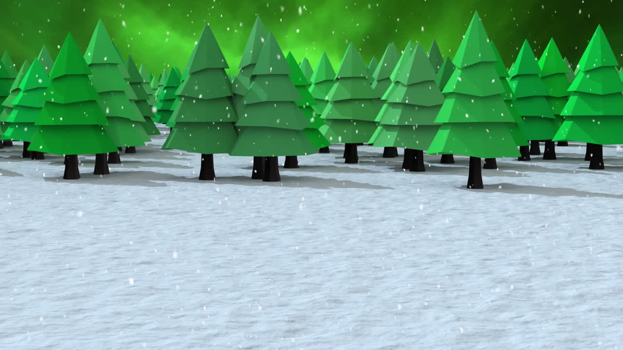 Digital animation of snow falling over rows of trees of winter landscape against night sky