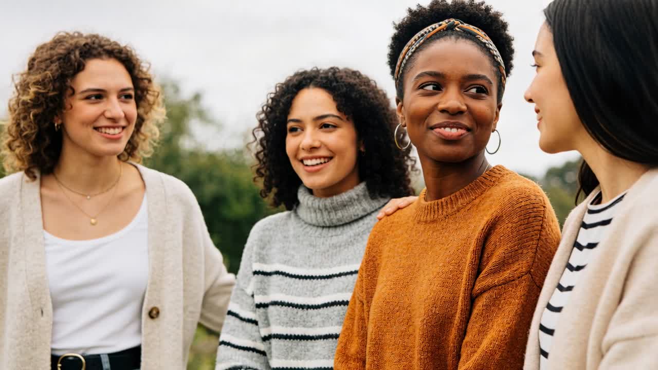 Quatro mulheres sorrindo, virando-se para uma indicação fora da câmera no parque, usando cardigãs, tiara e brincos de argola.
