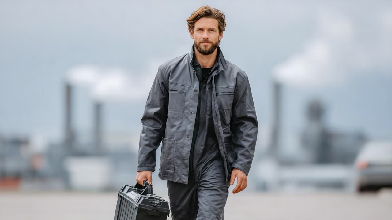 A Determined Worker Strolls Through an Industrial Landscape with Confidence and Purpose, Carrying a Toolbox and Facing the Challenges Ahead