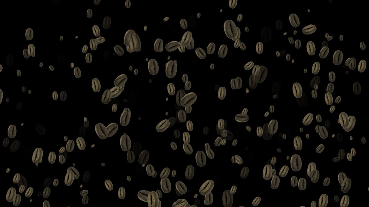 4k 추상 루프 가능한 날아다니는 커피 콩 애니메이션, 검은색 배경