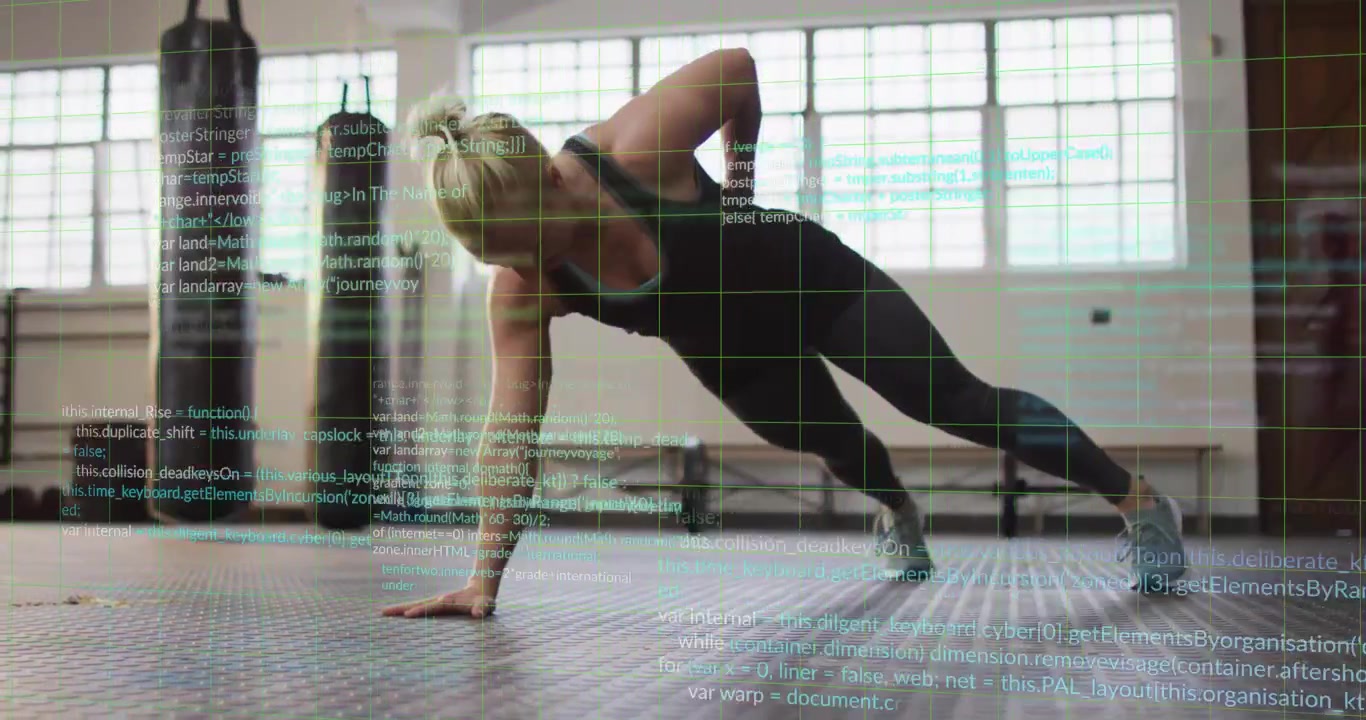 gym trainer stepping on mat starting animated core graph performing side plank dips for stability