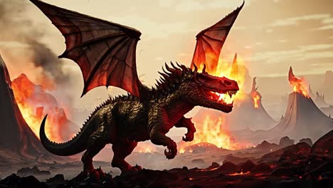 a fiery dragon in a volcanic landscape