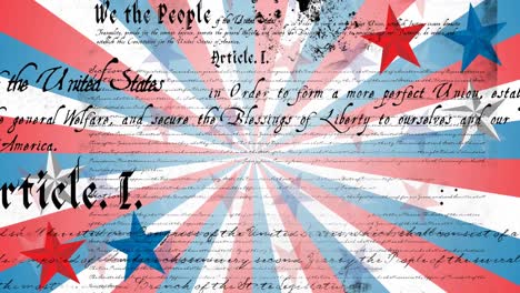 animation of american constitution text over american flag star and stripe elements