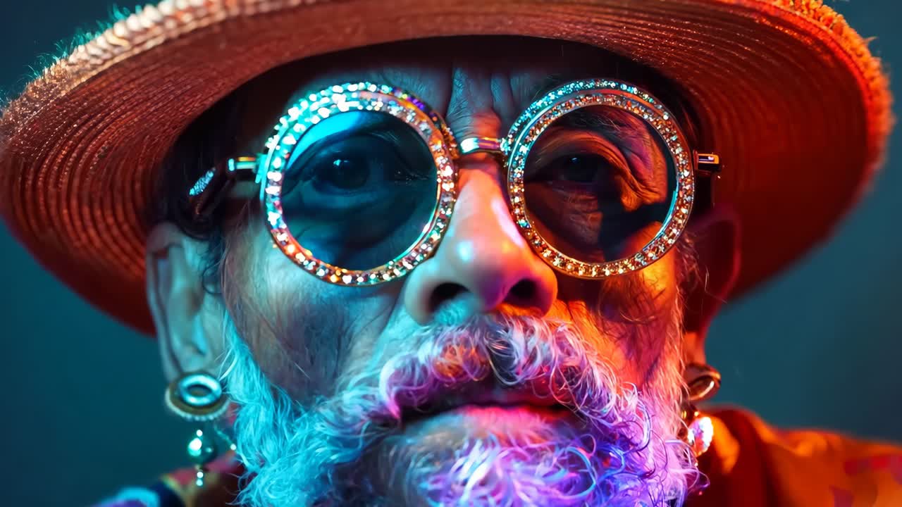 A man with a long white beard wearing a hat and sunglasses