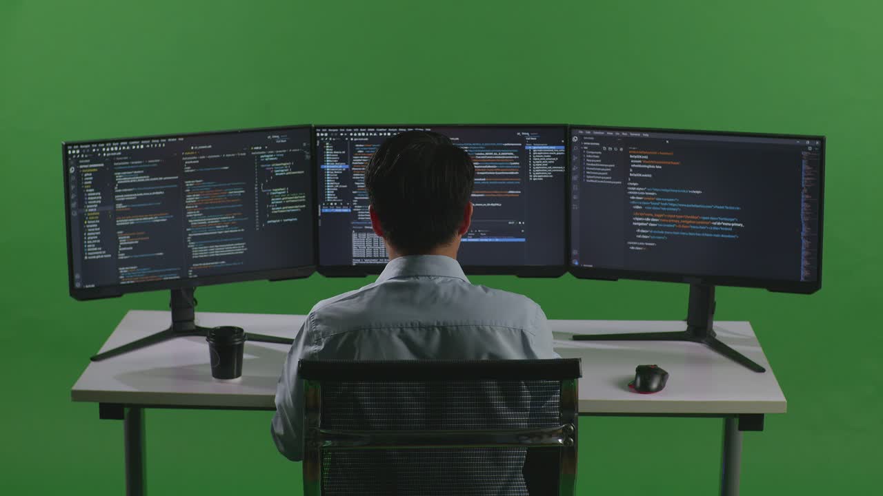 Back View Of Asian Man Developer Using Computer To Write Code With Multiple Screens In Green Screen Studio