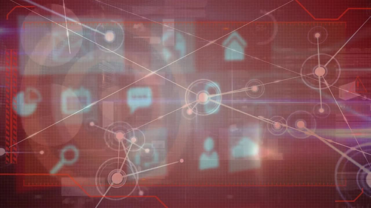 animación de la red de conexiones con iconos sobre la pantalla roja