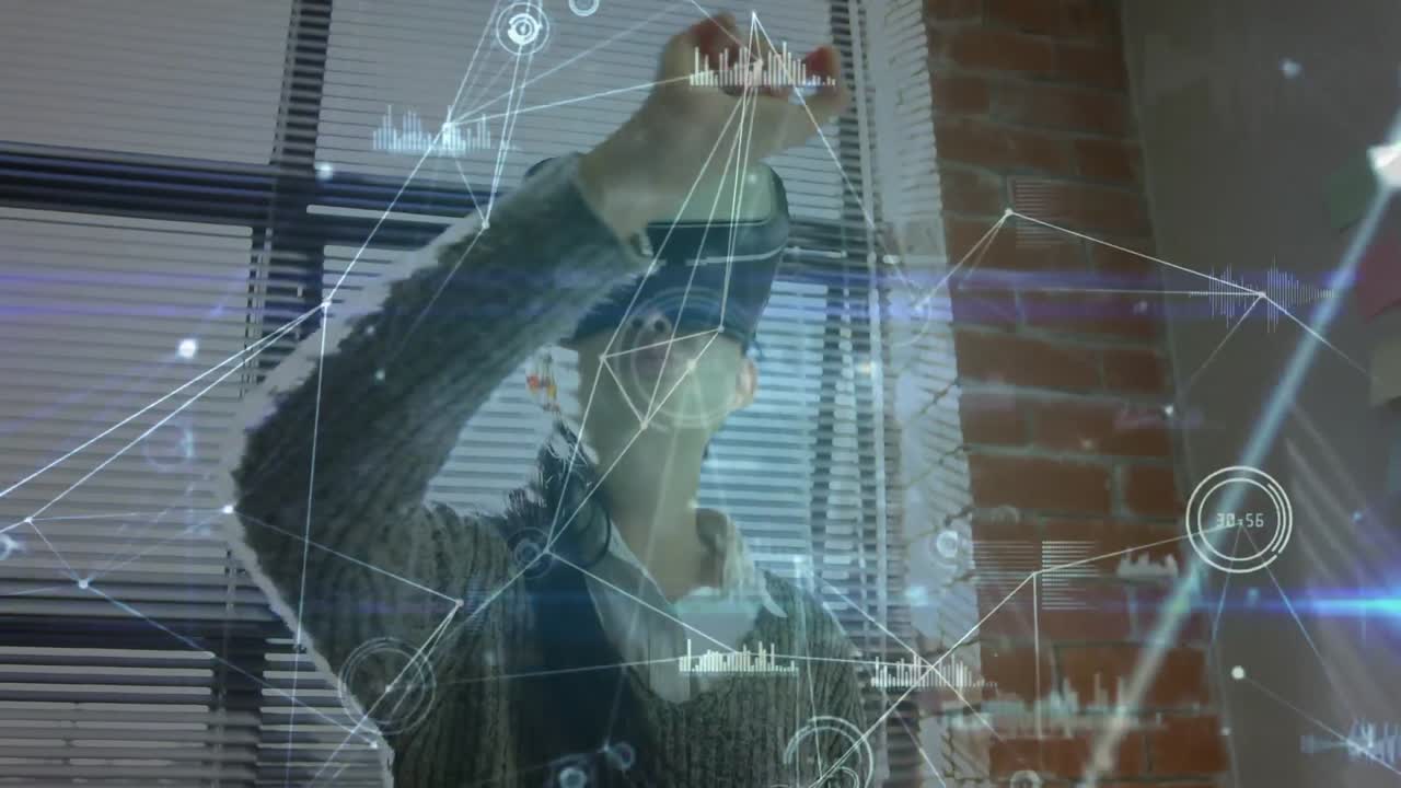vr 헤드 ⁇ 을 착용한 여성에 대한 연결 네트워크의 애니메이션