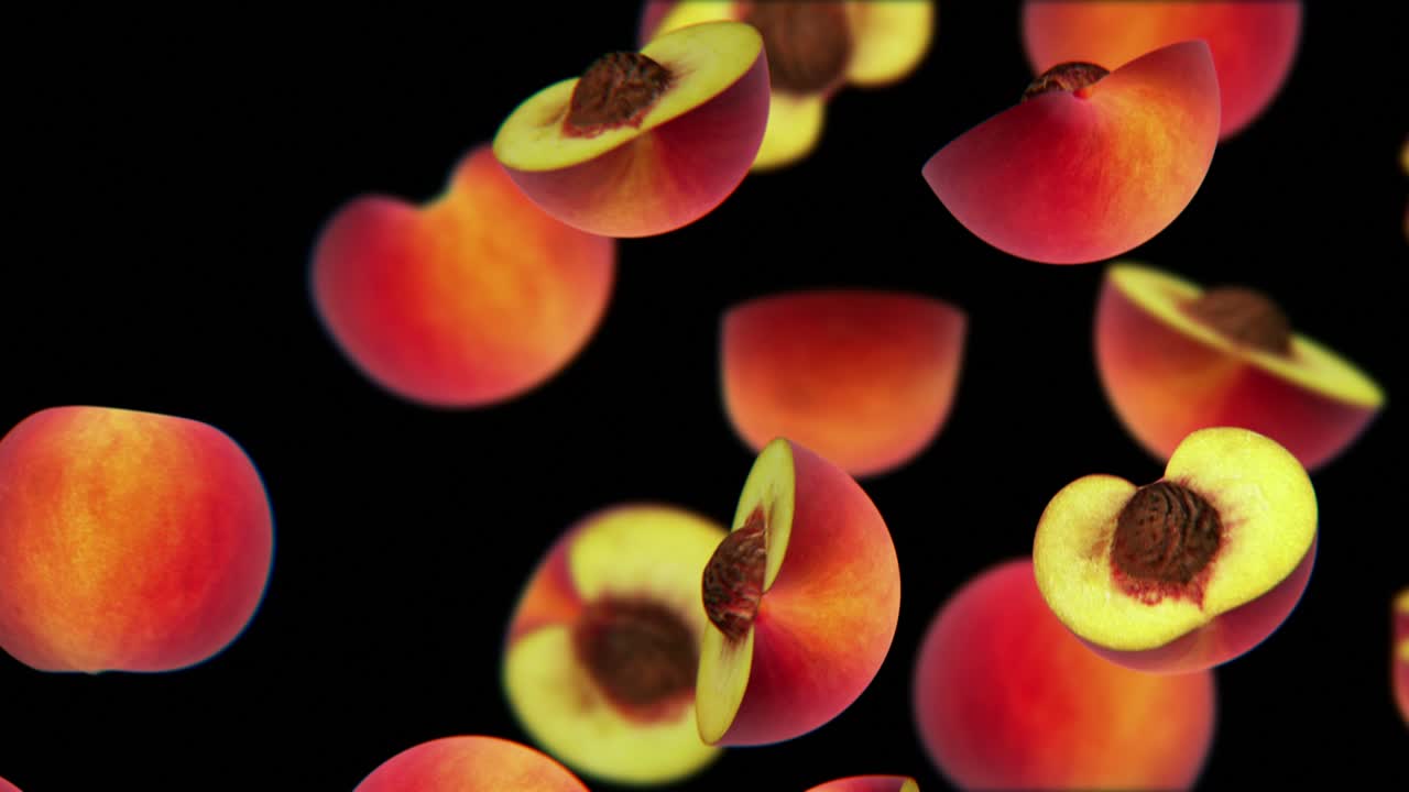 Potongan buah persik yang diiris jatuh di latar belakang hitam, loop mulus, CG