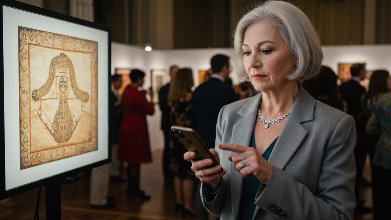 Una Serata Coinvolgente a una Mostra d'Arte: Una Donna Pensierosa con i Capelli Argentati Esamina il Suo Smartphone Mentre è Circondata da Opere d'Arte e Partecipanti in una Scena di Galleria
