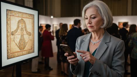 an engaging evening at an art exhibition: a thoughtful woman with silver hair examines her smartphone while surrounded by artwork and attendees in a gallery scene