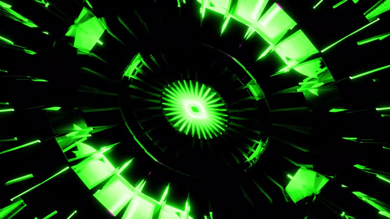 Sfondo loop VJ per festa, energia verde caleidoscopica.