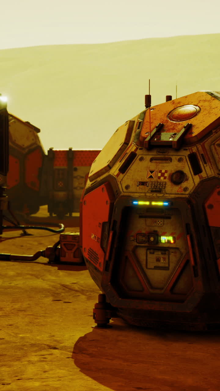 Exploration habitat modules on mars during a sunset in a distant future