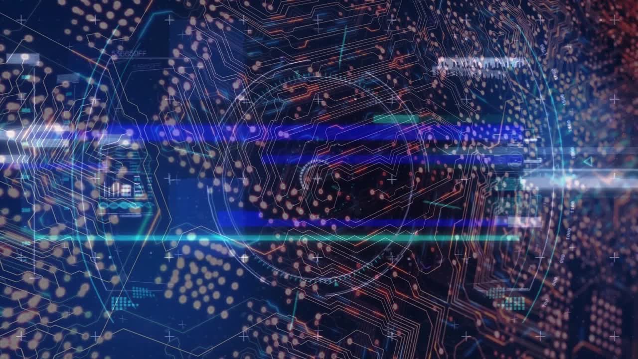 Blauwe band veegt, sporen pulseren, HUD verschuift om samenhangende technische achtergronden te tonen.