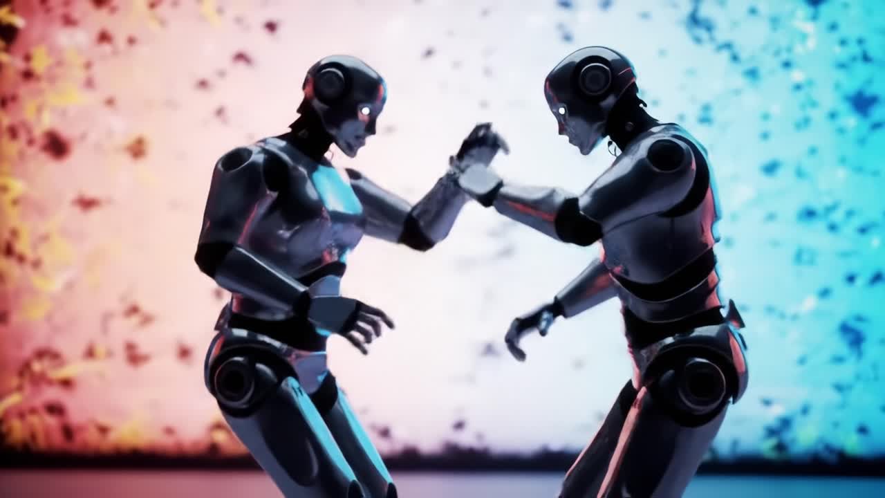 Two humanoid robots showcase impressive synchronized movements against a vibrant backdrop filled with dynamic colors. The performance highlights advanced animation and choreography techniques.