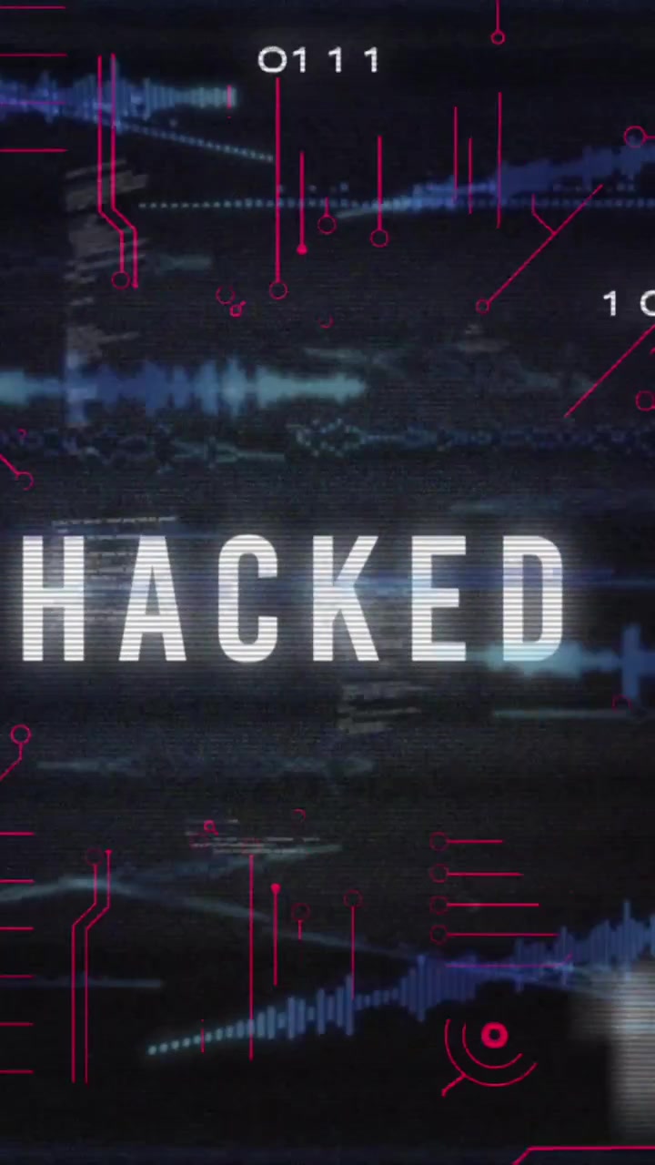 Animation of hacked text, circuit board pattern over soundwaves and computer language