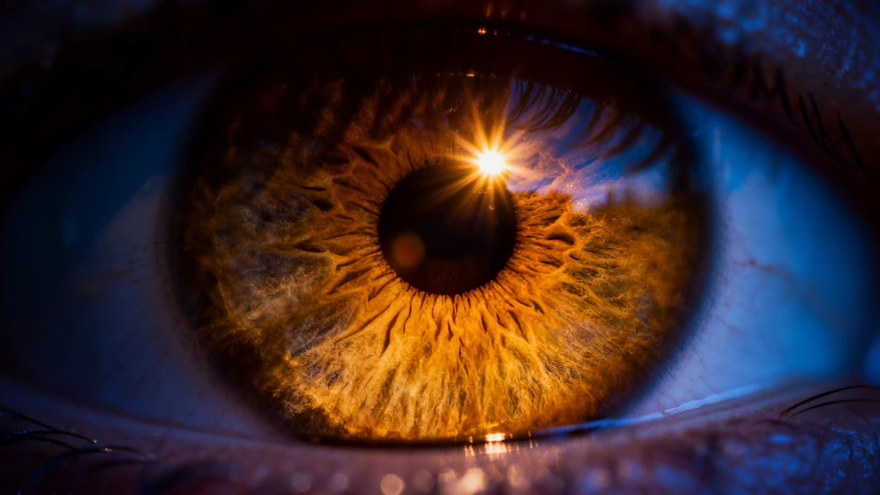 Reacting to warm light, one eye contracting pupil, shifting star highlight in macro with tear-film