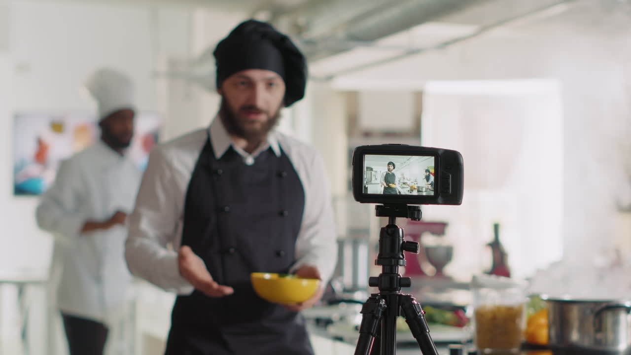 Professional camera recording video of cooking show