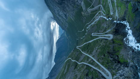 vertical timelapse of clouds in romsdalen valley, trollstigen pass hairpin bends