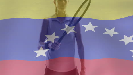 animación de la bandera de venezuela sobre una tenista caucásica