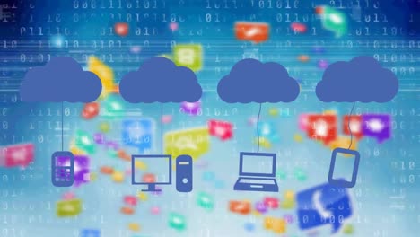 animation of clouds and digital icons over data processing in background