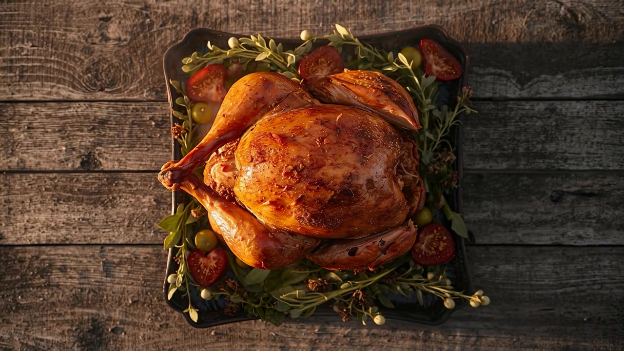 Shifting warm light highlighting roasted turkey on square tray at wood table, tomatoes olives herbs