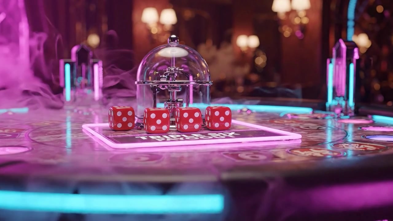 Una vivace scena di casinò che mostra dadi colorati e splendide decorazioni per tavoli da casinò con ricchi effetti di fumo e illuminazione al neon che creano un'atmosfera eccitante.