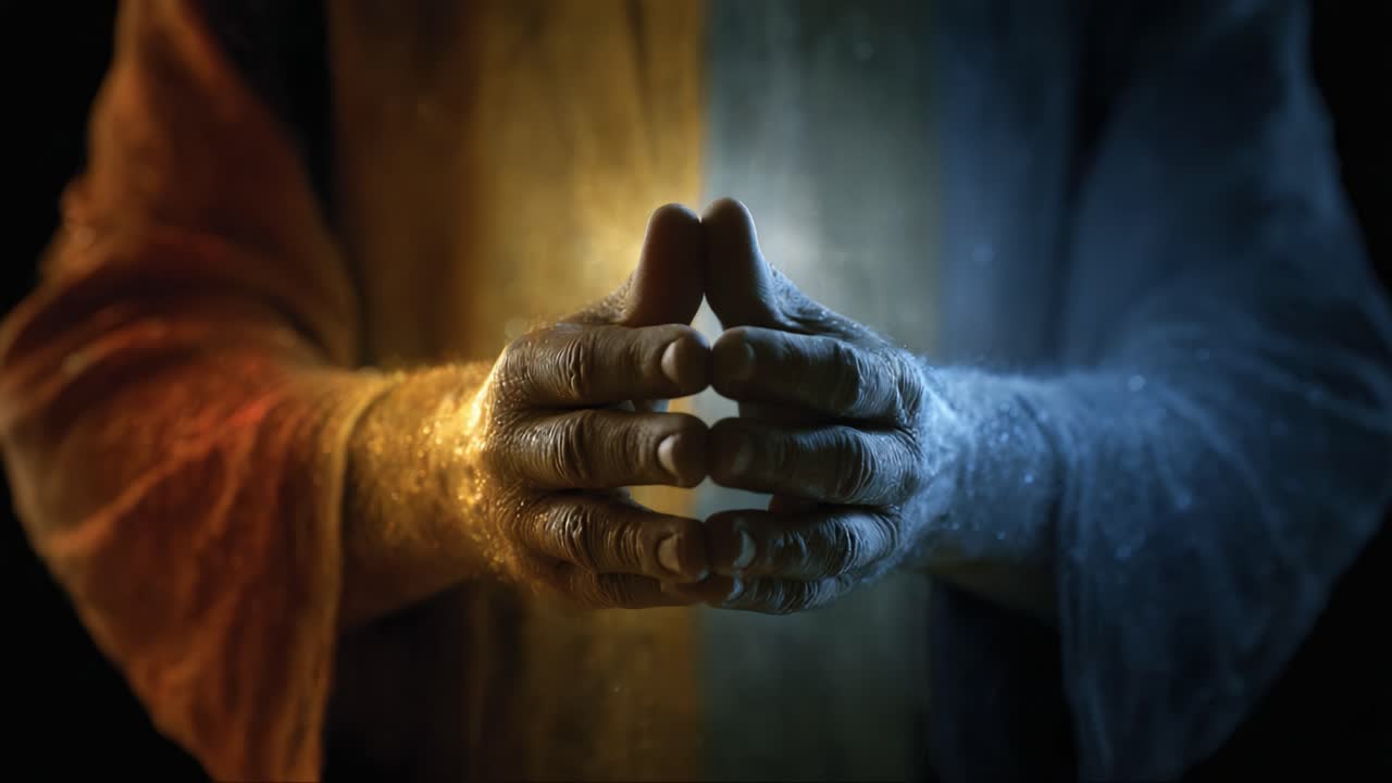 A Striking Contrast of Light and Darkness: An Artistic Representation of Hands Symbolizing Balance and Unity Emerging from a Mystical Glow
