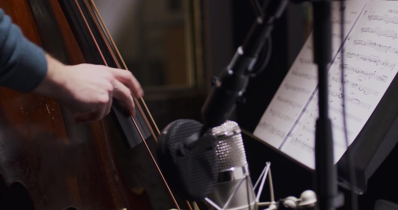 Un musicista suona un contrabbasso nello studio di registrazione.
