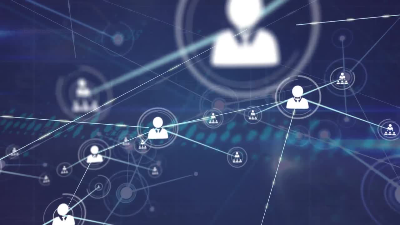 animación de la red de iconos de perfil, procesamiento de datos y senderos de luz contra un fondo azul.