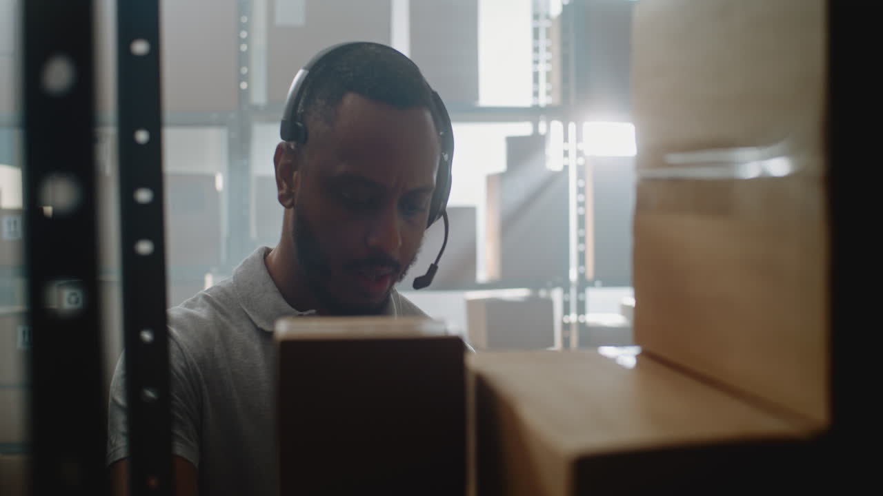 african American Warehouse Associate Talks with Client Uses Tablet Looks at Camera African American Customer Support Specialist in Logistics Wearing Headset Talks on call with Client Uses Tablet Computer Looks at Camera Warehouse Associate in Delivery Service of Ecommerce Store