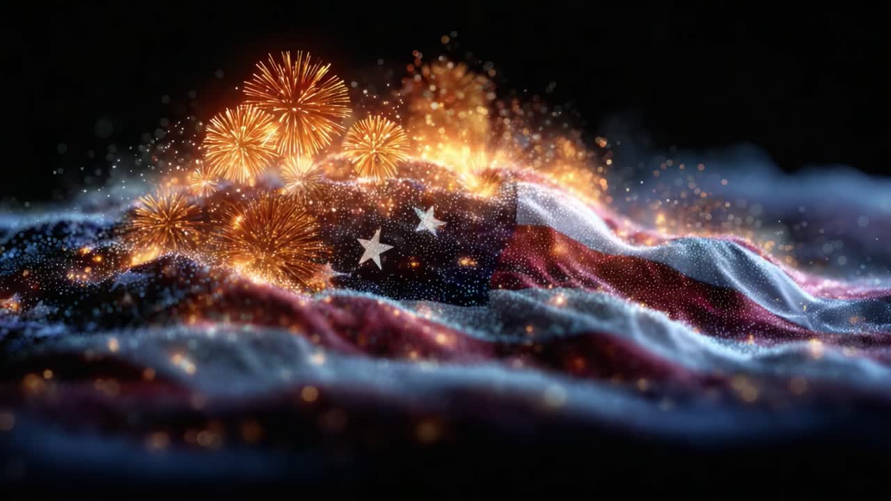 An Illuminated Celebration: A Captivating Display of Fireworks Bursting Over a Textured American Flag, Emphasizing National Pride and Festivity in Stunning Detail