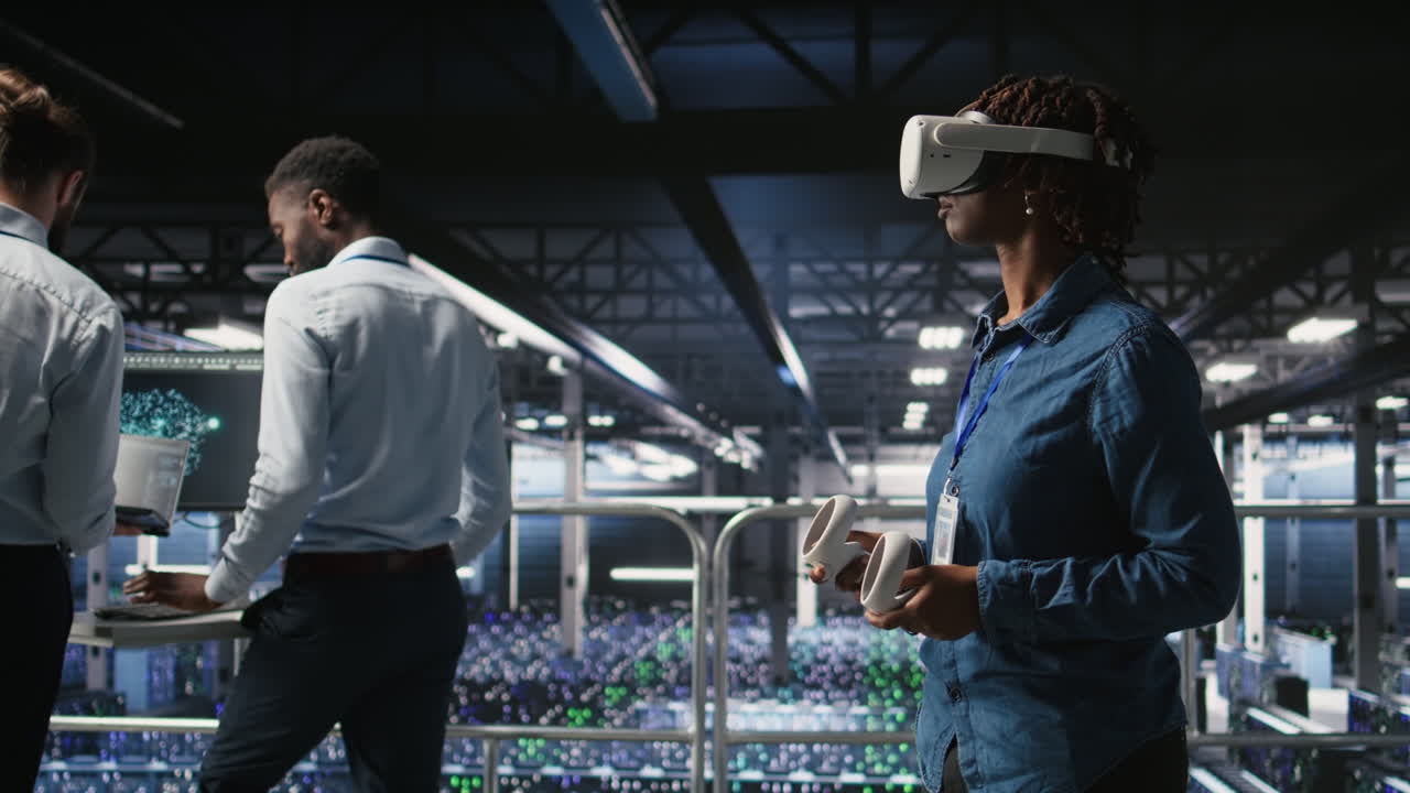Data center admin wearing VR headset using artificial intelligence