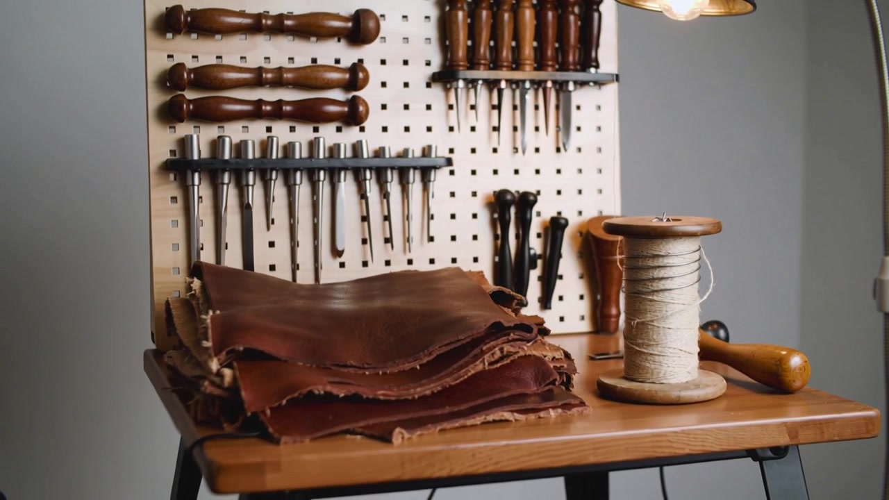 Pulling back camera revealing leather stack and wooden spool at workshop bench to showcase tools