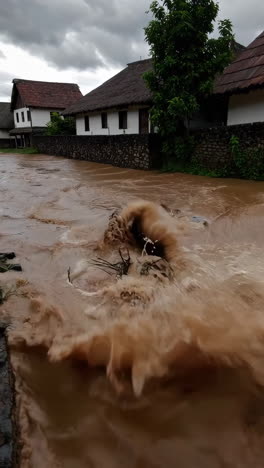 muddy floodwaters rushing past houses in a village