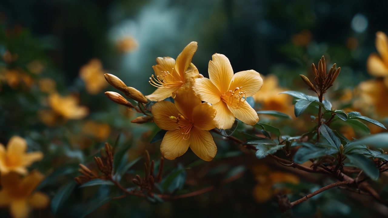 Una splendida esposizione di vivaci fiori gialli circondati da un lussureggiante fogliame verde, catturati con una messa a fuoco morbida per evidenziare le loro delicate caratteristiche e l'eleganza naturale.