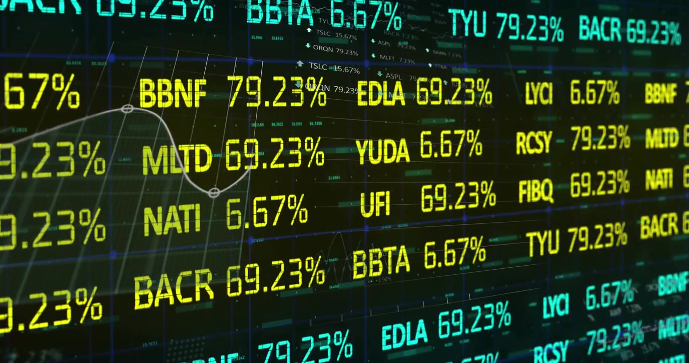 Animazione di elaborazione dati di mercato azionario e statistici su sfondo nero