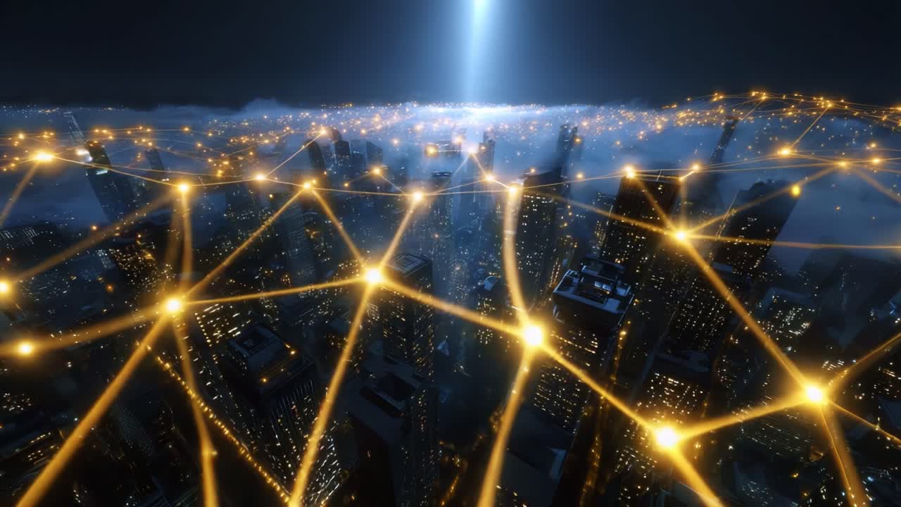 The Digital Skyline: An Illuminated Urban Landscape Showcasing an Interconnected Network of Lights Across Skyscrapers, Highlighting the Convergence of Technology and City Life in a Captivating Night Scene