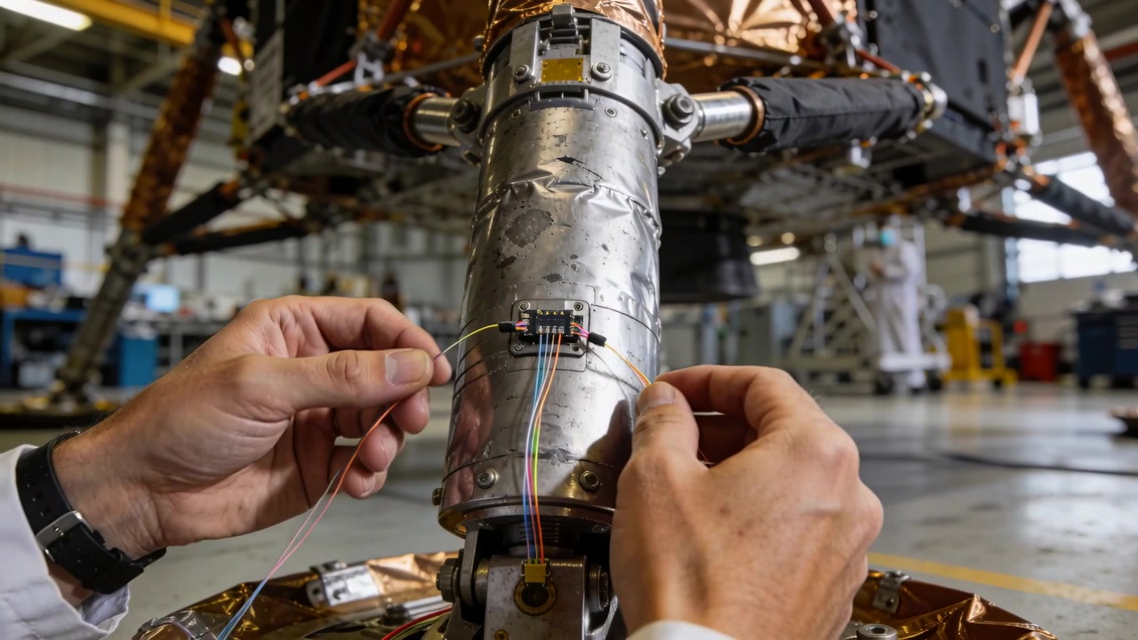 Approaching lab-coat hands aligning pin-plug with color wires on lander tube, hangar for wiring