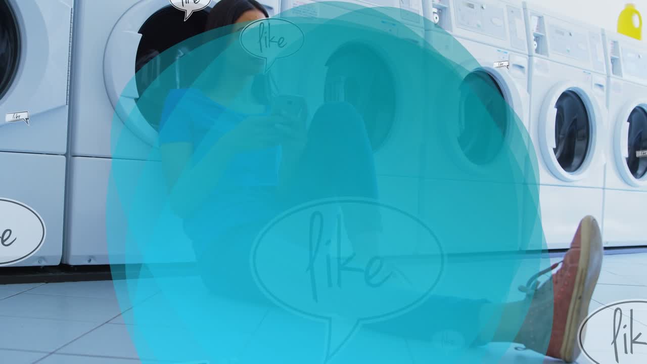 Blue banner with copy space over african american woman using smartphone at public laundromat