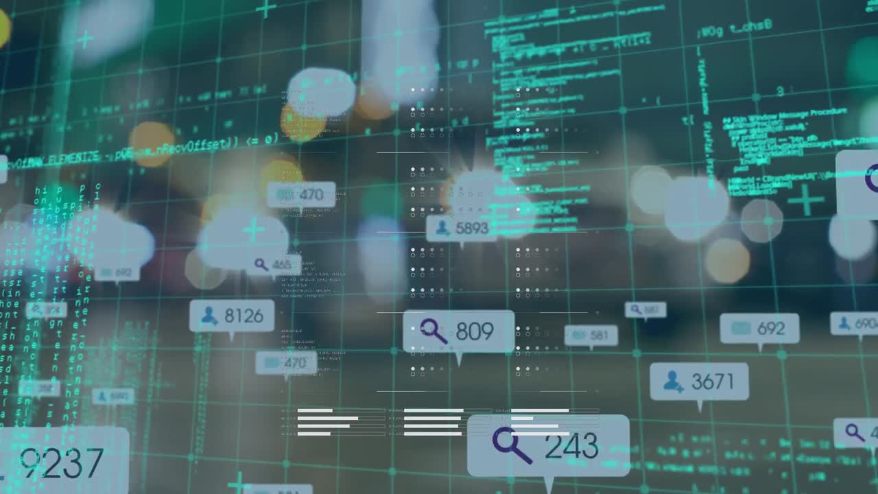 Animation of data processing and media icons over cityscape