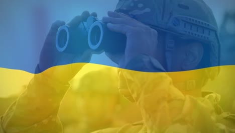 animation of biracial soldier with binoculars over flag of ukraine