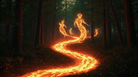 ethereal spirits dance through enchanted forest, leaving trails of glowing fire, illuminating the path with mystical energy and vibrant colors