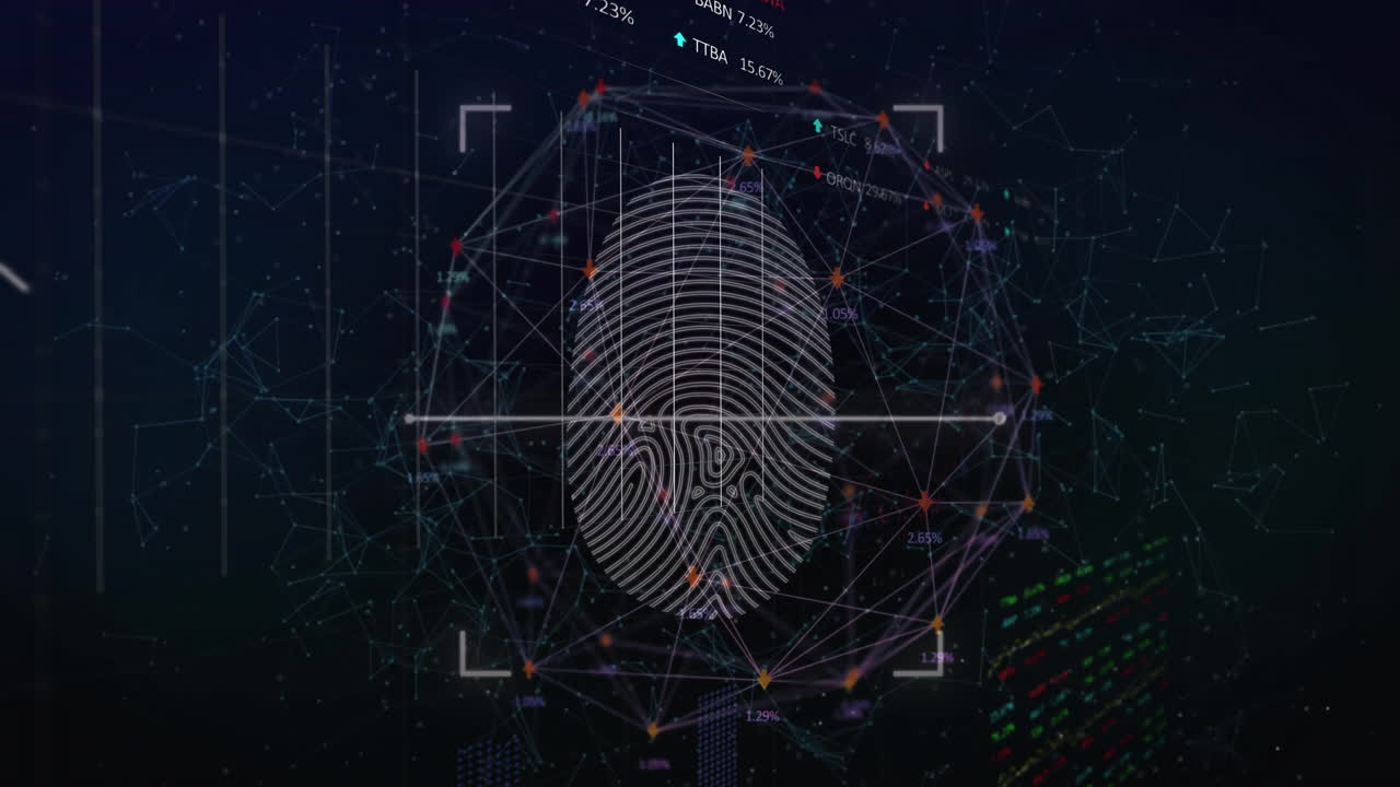 animación de un escáner biométrico de huellas dactilares a través de una red global sobre un fondo negro