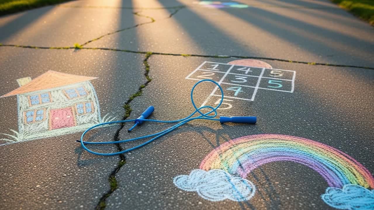 Playful Summer Vibes: Colorful Chalk Drawings on a Pavement with Hopscotch, a Rainbow, and a House Capturing Joyful Childhood Moments in Warm Light