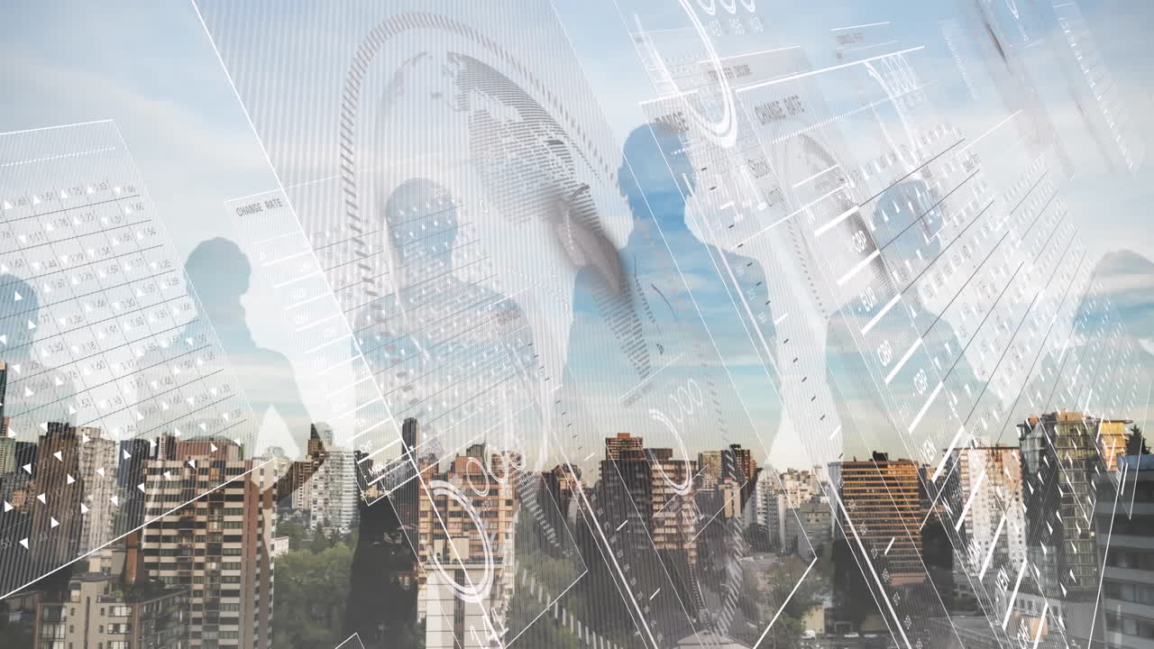 도시 풍경 위의 데이터 처리 애니메이션