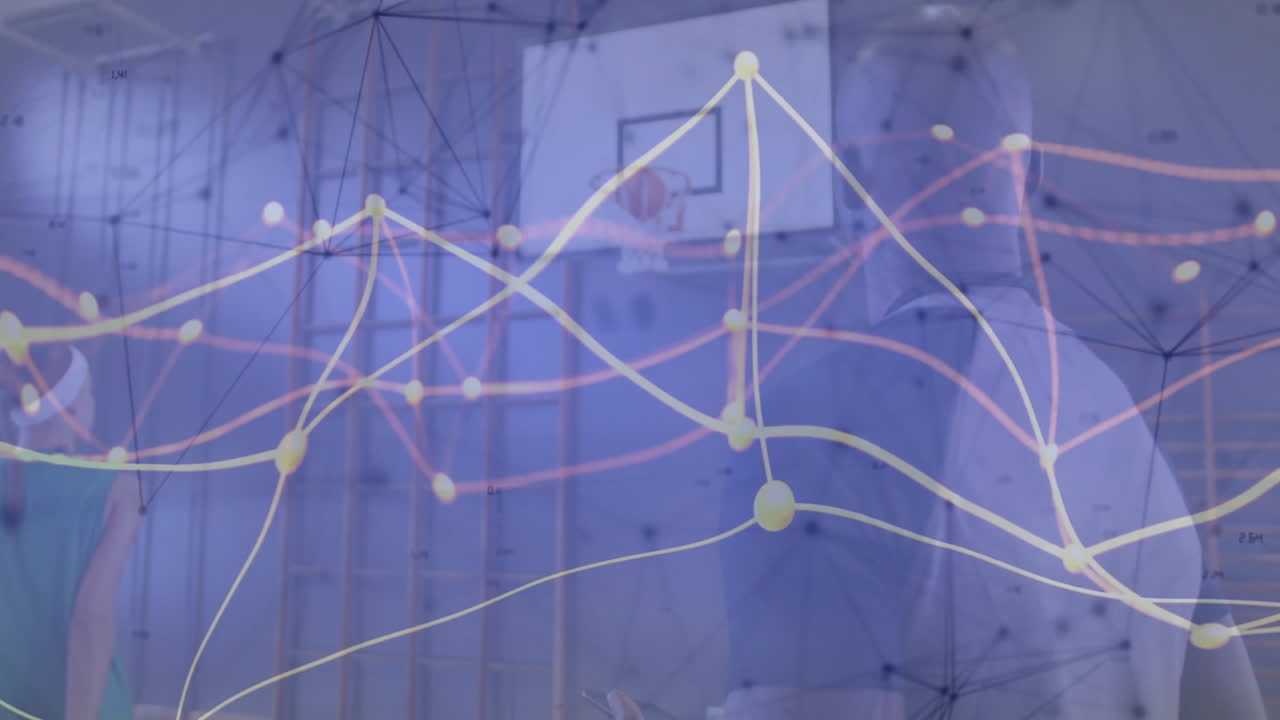 Woman shooting at basketball hoop with coach guiding in gym, showing sports data nodes overlay