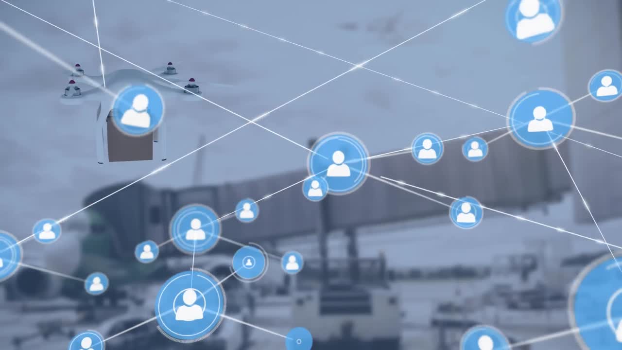 공항을 통한 패키지와 함께 드론을 통한 연결 네트워크의 애니메이션